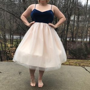 Navy Velvet & Peach Tulle Fit and Flare Dress